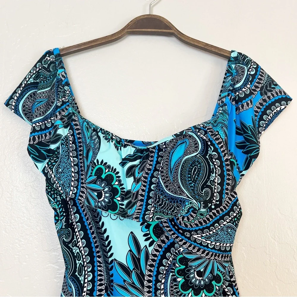 •JANTZEN• Off-the-Shoulder Ruffle One Piece Swimsuit in Aqua Reef‎ Print Size 10